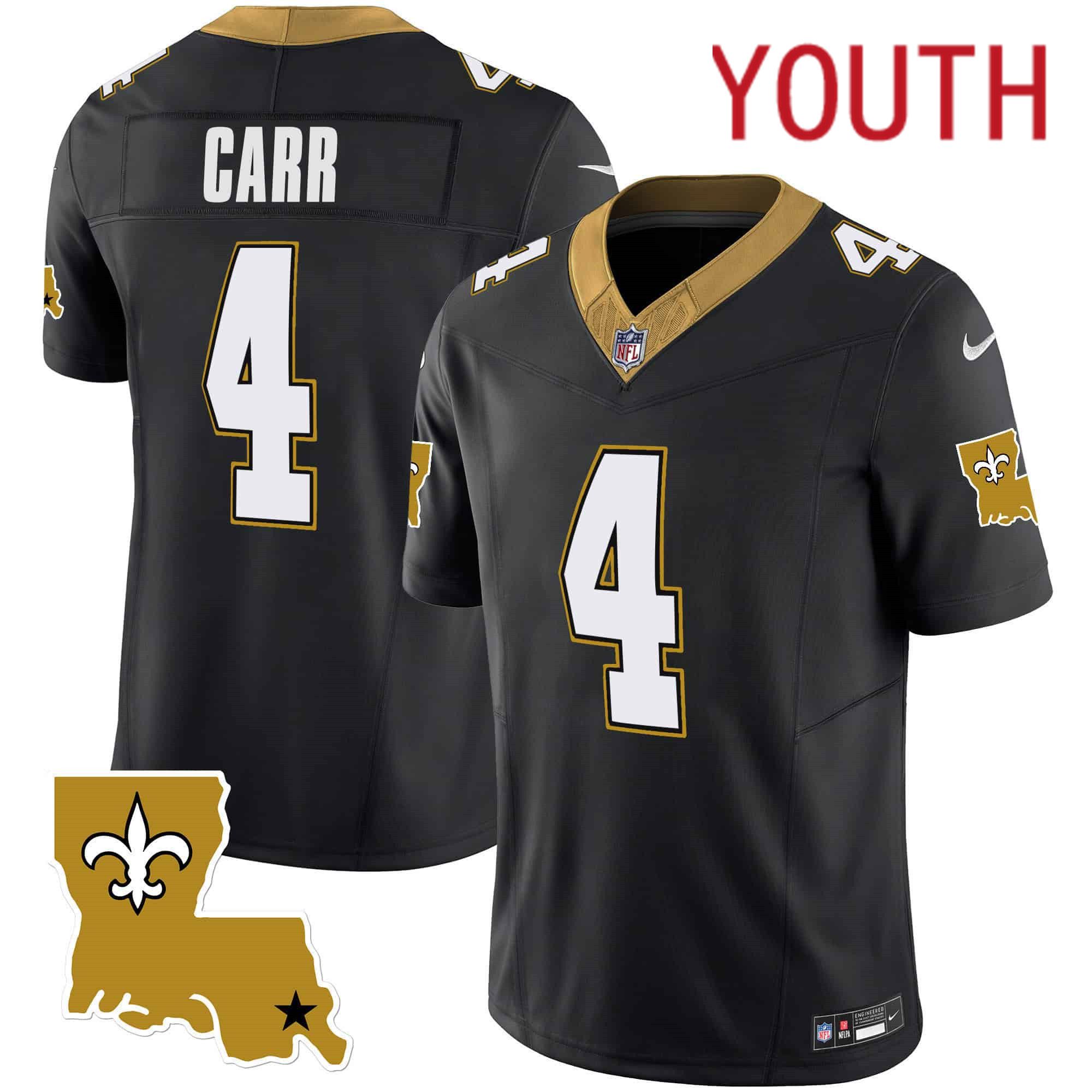 Youth New Orleans Saints #4 Carr Black 2024 Nike 1987 Legacy Vapor Limited NFL Jersey style 1